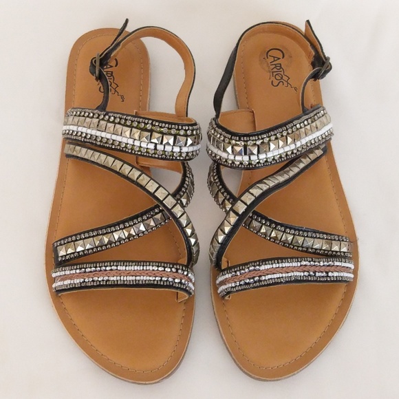 Carlos Santana Shoes - Carlos Santana "Mia" Sandal Black Leather Beaded